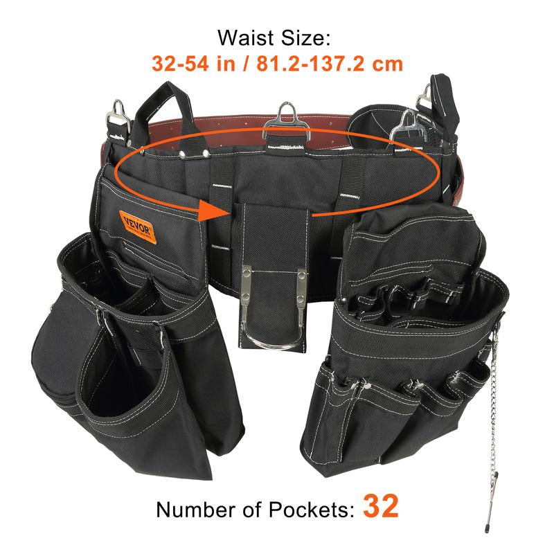 VEVOR Tool Belt, 32 Pockets, Adjusts from 32 Inches to 54 Inches, Nylon Heavy Duty Tool Pouch Bag, Detachable Tool Bag for Electrician, Carpenter, Handyman, Woodworker, Construction, Framer, Black