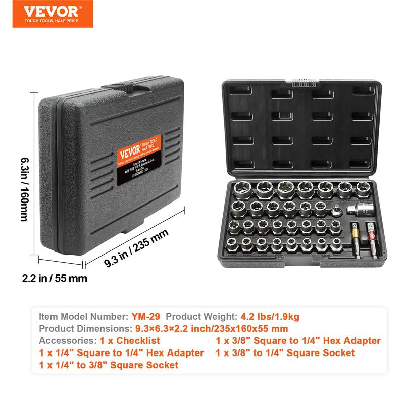 VEVOR Bolt Extractor Set, 29-Piece Bolt and Nut Remover Set, 6Mm to 10Mm, 13/32" to 3/4", CR-MO Steel Extraction Socket Set with Storage Case, for Removing Damaged Rusted Bolts, Nuts and Screws