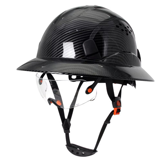 ANSI Carbon Fiber Full Brim Safety Helmet with CE Goggles Anti-Collision Construction Site Hard Hat HDPE Breathable Helmet