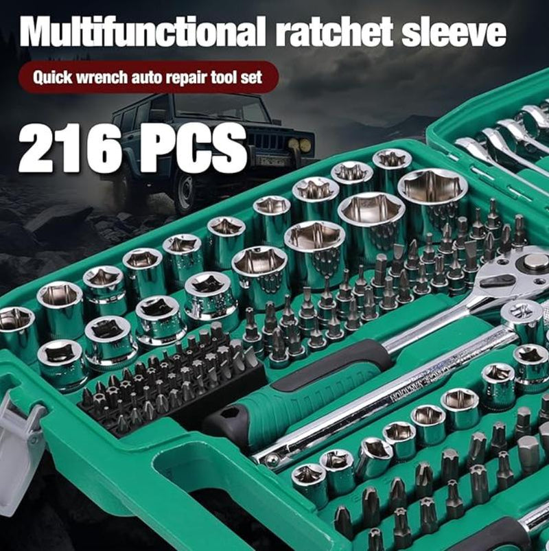 216 Pieces/Set of Mechanical Tool Set, 1/4 "&3/8"&1/2 "Drive 72 Tooth Ratchet, Socket Wrench Set Metric CR-V, Suitable for General Professional Mechanics, Automotive and Home Maintenance