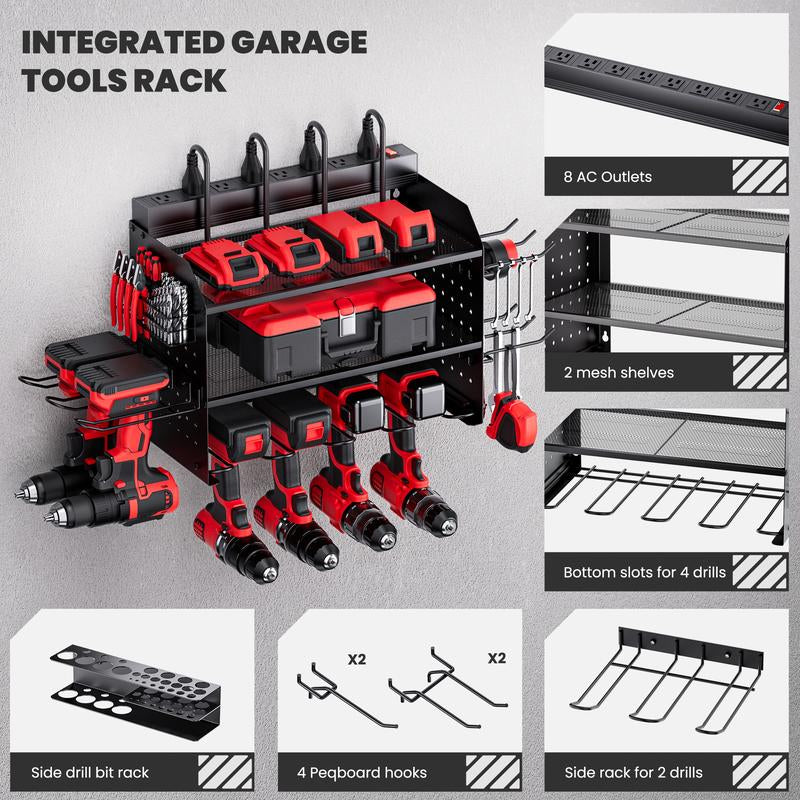 TRZZ Power Tool Organizer with Charging Station Wall Mount,Garage Tool Storage Shelf,Pegboard Utility Storage Rack, Tool Rack for Tool Room, Workshop, Garage