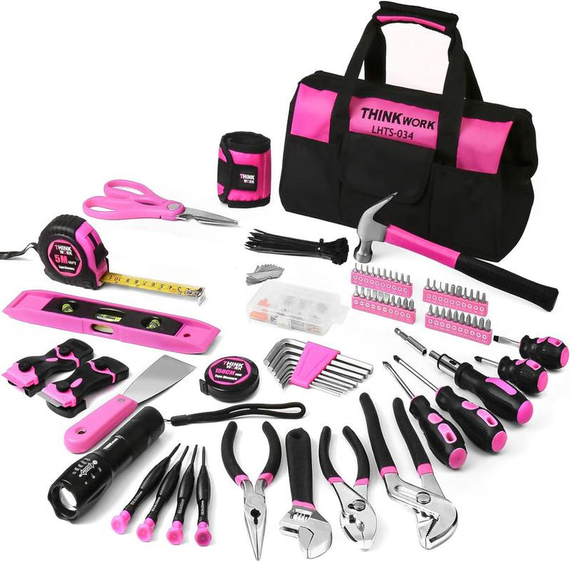 THINKWORK 207 Piece Pink Household Tool Set with 13'' Wide Mouth Open Storage Tool Bag, Christmas Gift for Women Purple Women'S Home Repair Pink Tool Pink Portable Women'S Purple