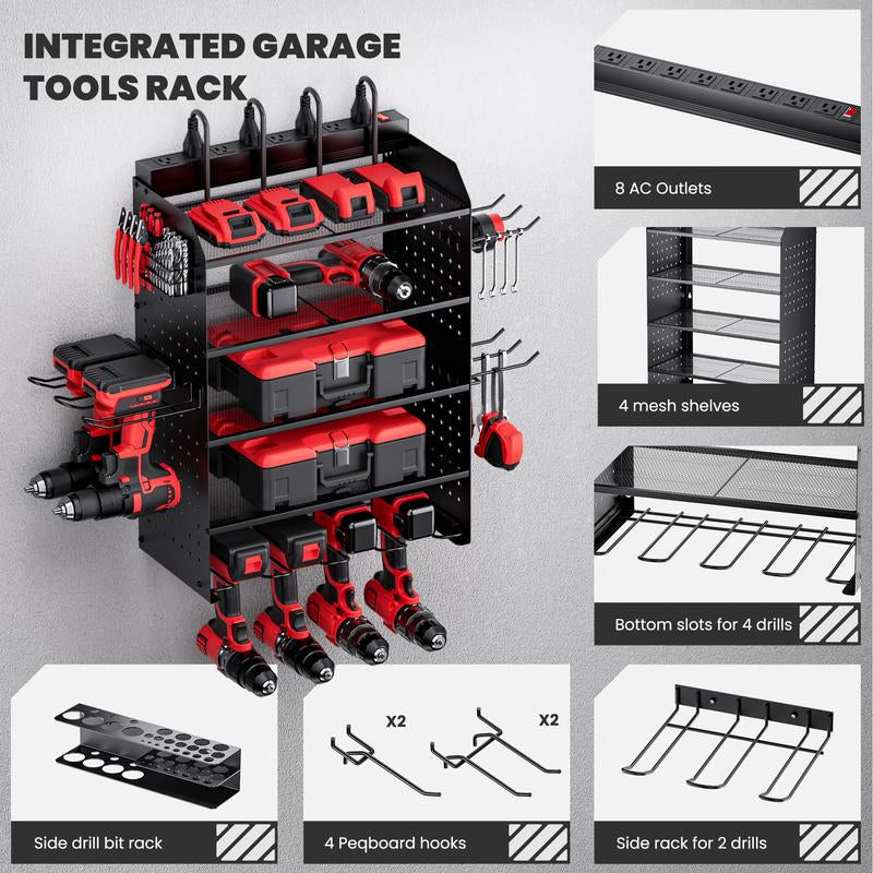 TRZZ Power Tool Organizer with Charging Station Wall Mount,Garage Tool Storage Shelf,Pegboard Utility Storage Rack, Tool Rack for Tool Room, Workshop, Garage