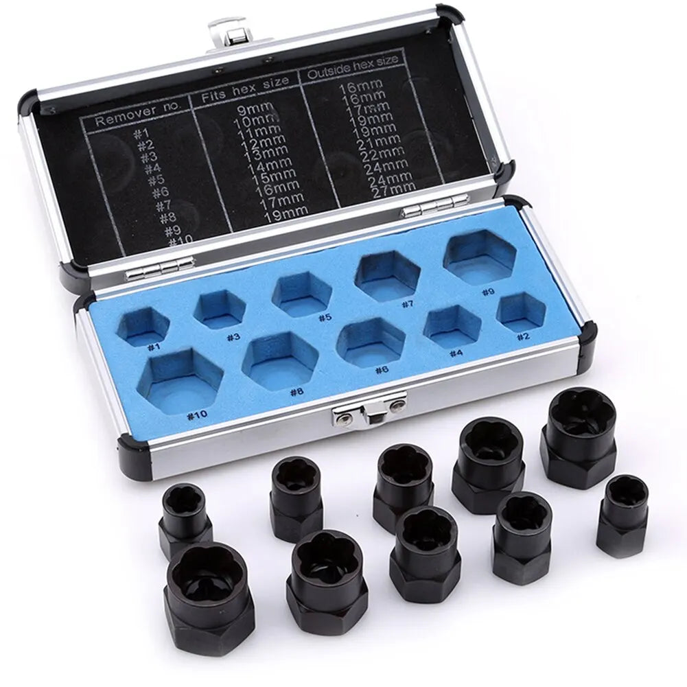 10PC Broken Nut Bolt Extractor Socket Head to Take Hexagonal Screw Tool Screws Remover Threading Tool Kit Black Nuts Set