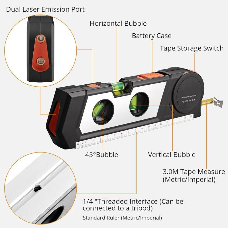 Neoteck Laser Line Level (Class 2 Laser, Power Output<1Mw) with 3M/9.8Ft Measure Tape Ruler Leveling Bubble Horizontal Vertical Cross Line Laser Tool for Hanging Pictures Cabinets Tile Walls