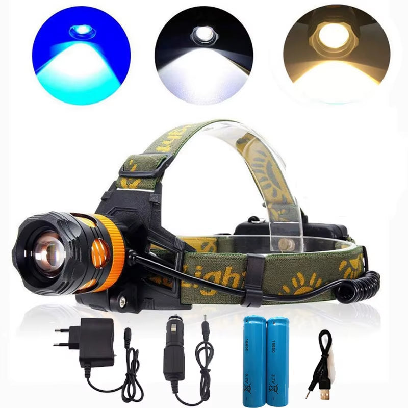 2 Leds Fishing Headlamp 18650 Headlight Head Torches Lamp Light Frontal Flashlight Yellow Blue Night Outdoor Camping Lighting