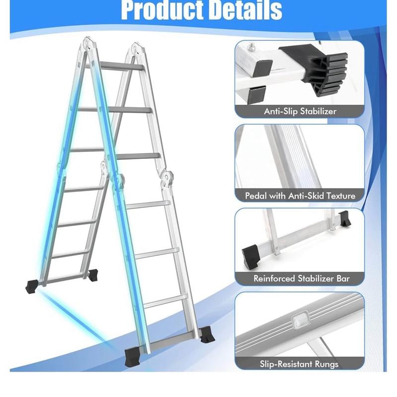 7-In-1 12 Ft Tall Folding Step Ladder, Max Load 330 Lbs, Lightweight Multi-Purpose Aluminium Ladder with Safety Locking Hinge, Heavy Duty