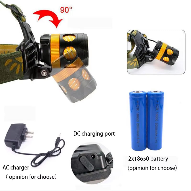 2 Leds Fishing Headlamp 18650 Headlight Head Torches Lamp Light Frontal Flashlight Yellow Blue Night Outdoor Camping Lighting