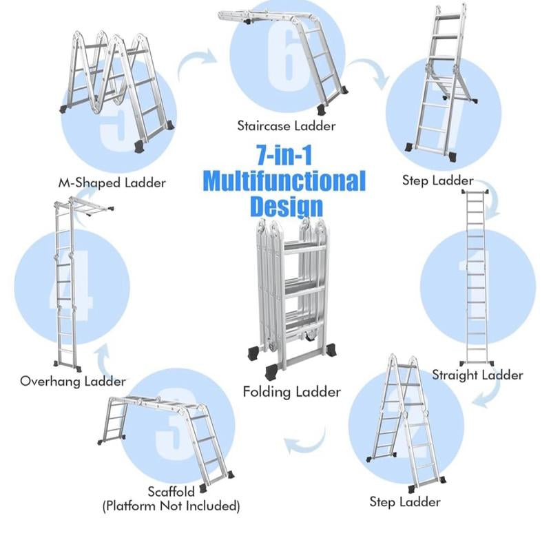 7-In-1 12 Ft Tall Folding Step Ladder, Max Load 330 Lbs, Lightweight Multi-Purpose Aluminium Ladder with Safety Locking Hinge, Heavy Duty