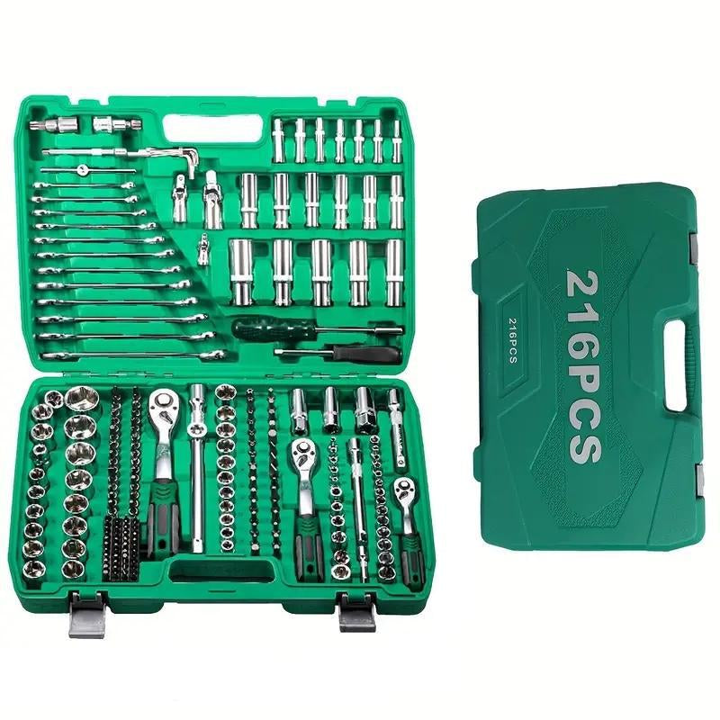 216 Pieces/Set of Mechanical Tool Set, 1/4 "&3/8"&1/2 "Drive 72 Tooth Ratchet, Socket Wrench Set Metric CR-V, Suitable for General Professional Mechanics, Automotive and Home Maintenance