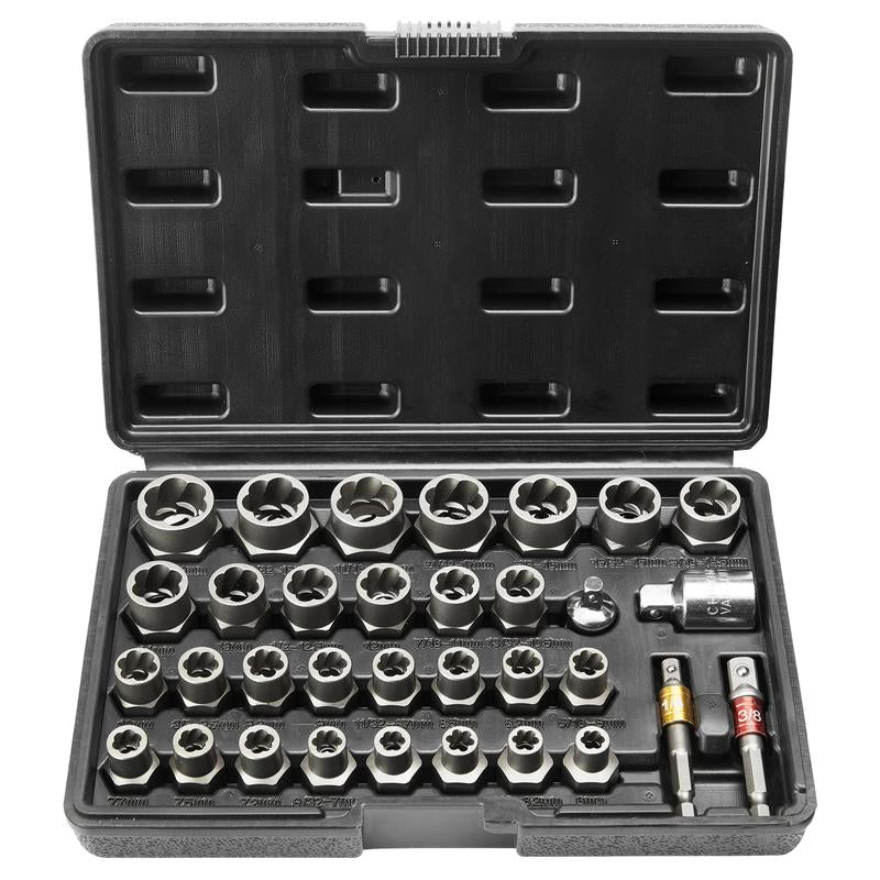 VEVOR Bolt Extractor Set, 29-Piece Bolt and Nut Remover Set, 6Mm to 10Mm, 13/32" to 3/4", CR-MO Steel Extraction Socket Set with Storage Case, for Removing Damaged Rusted Bolts, Nuts and Screws