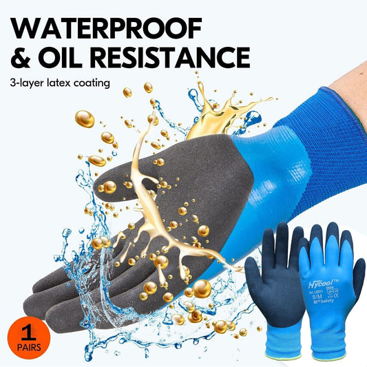 Waterproof Work Gloves Blue Fully Latex Coated Mens Builders Construction Garden