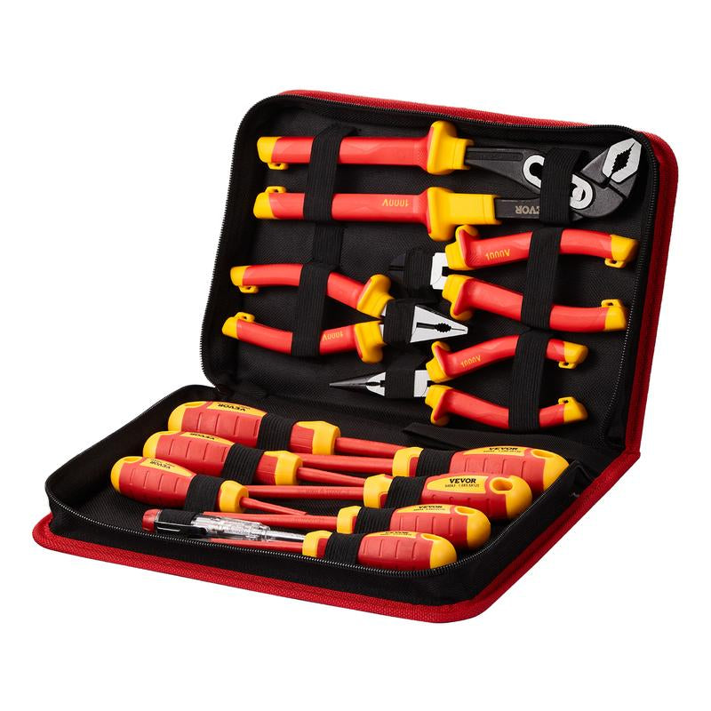 VEVOR Insulated Screwdriver Set, 12-Piece Professional Electrical Screwdriver Set, 1000V Insulated Electrician Tool Set, with Magnetic Phillips Slotted Tips, Insulated Pliers, and Diagonal Pliers