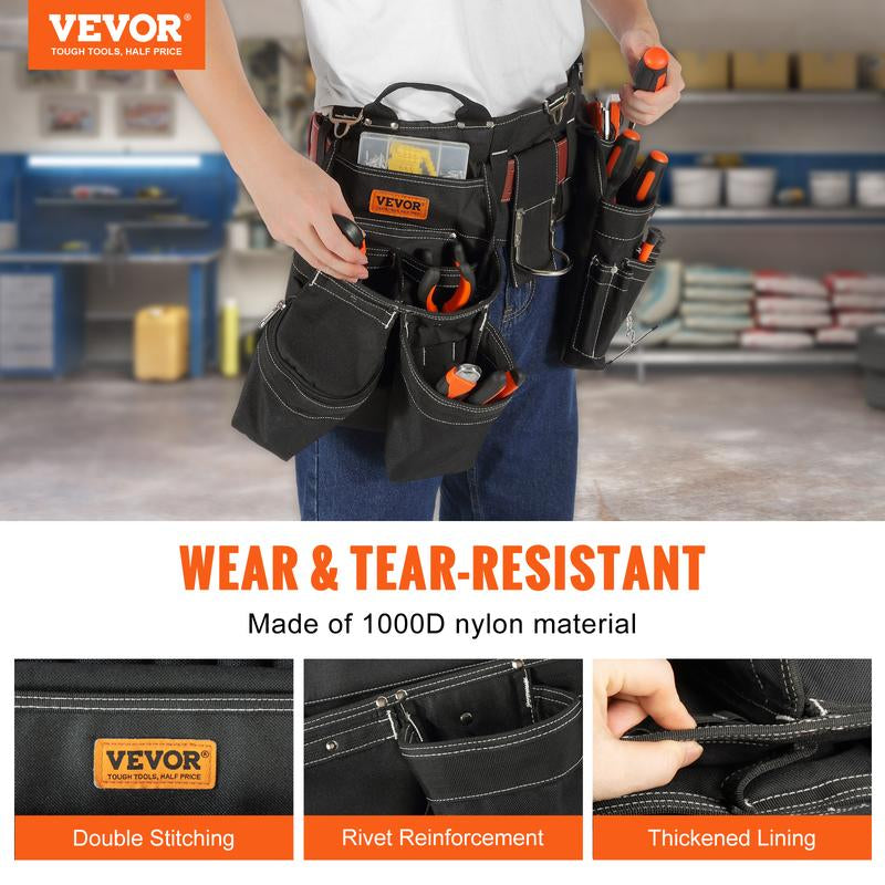 VEVOR Tool Belt, 32 Pockets, Adjusts from 32 Inches to 54 Inches, Nylon Heavy Duty Tool Pouch Bag, Detachable Tool Bag for Electrician, Carpenter, Handyman, Woodworker, Construction, Framer, Black