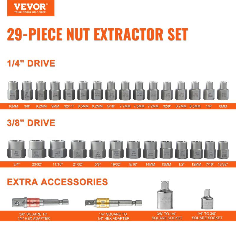 VEVOR Bolt Extractor Set, 29-Piece Bolt and Nut Remover Set, 6Mm to 10Mm, 13/32" to 3/4", CR-MO Steel Extraction Socket Set with Storage Case, for Removing Damaged Rusted Bolts, Nuts and Screws