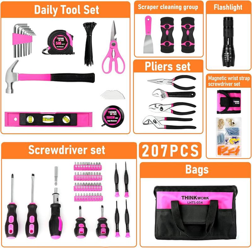 THINKWORK 207 Piece Pink Household Tool Set with 13'' Wide Mouth Open Storage Tool Bag, Christmas Gift for Women Purple Women'S Home Repair Pink Tool Pink Portable Women'S Purple