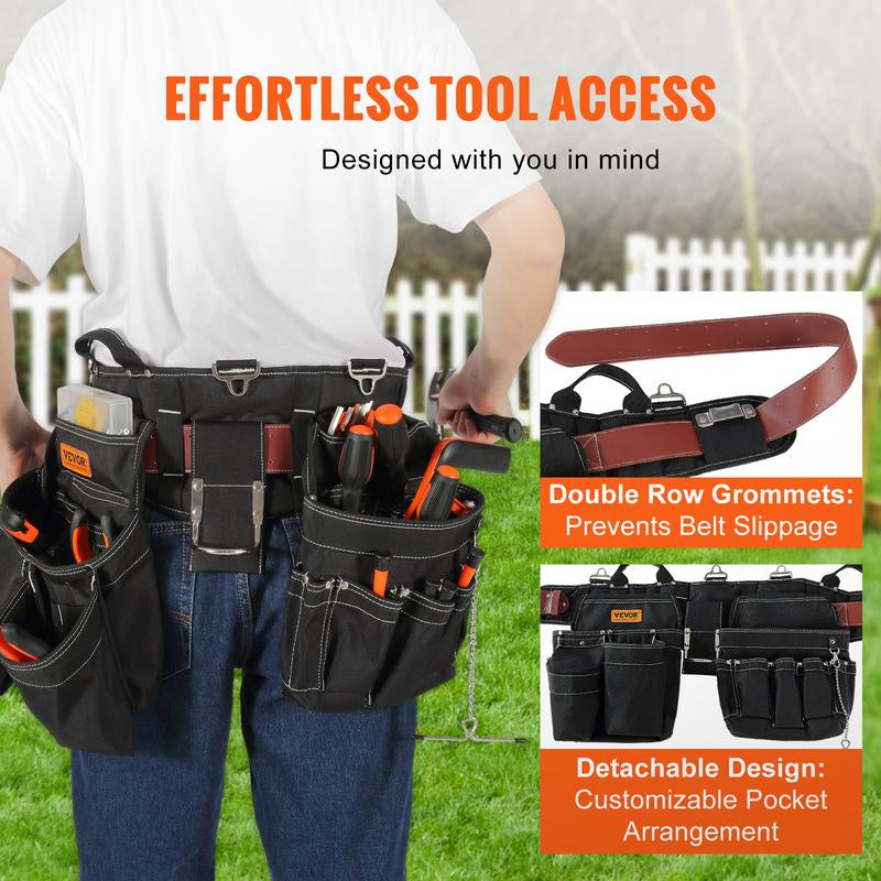 VEVOR Tool Belt, 32 Pockets, Adjusts from 32 Inches to 54 Inches, Nylon Heavy Duty Tool Pouch Bag, Detachable Tool Bag for Electrician, Carpenter, Handyman, Woodworker, Construction, Framer, Black