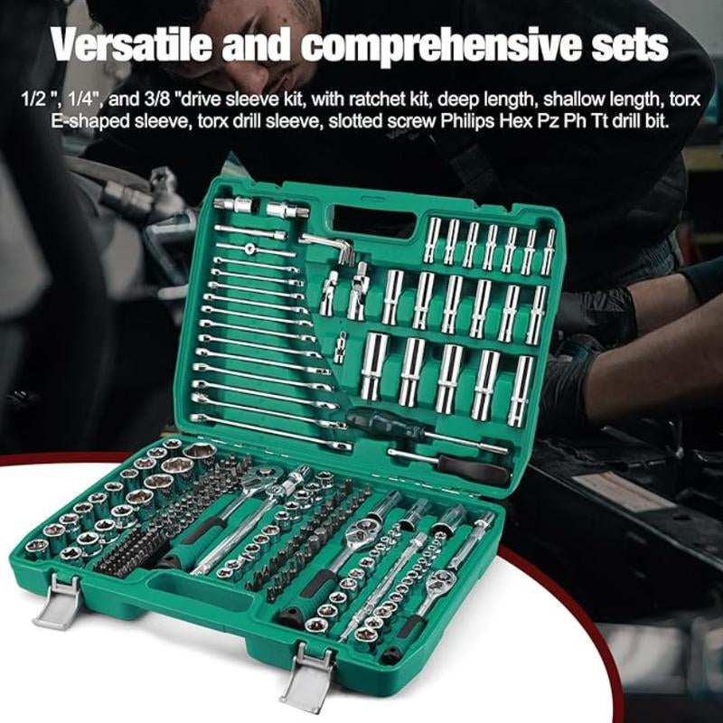 216 Pieces/Set of Mechanical Tool Set, 1/4 "&3/8"&1/2 "Drive 72 Tooth Ratchet, Socket Wrench Set Metric CR-V, Suitable for General Professional Mechanics, Automotive and Home Maintenance