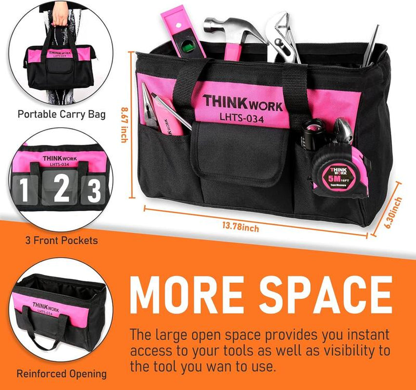 THINKWORK 207 Piece Pink Household Tool Set with 13'' Wide Mouth Open Storage Tool Bag, Christmas Gift for Women Purple Women'S Home Repair Pink Tool Pink Portable Women'S Purple