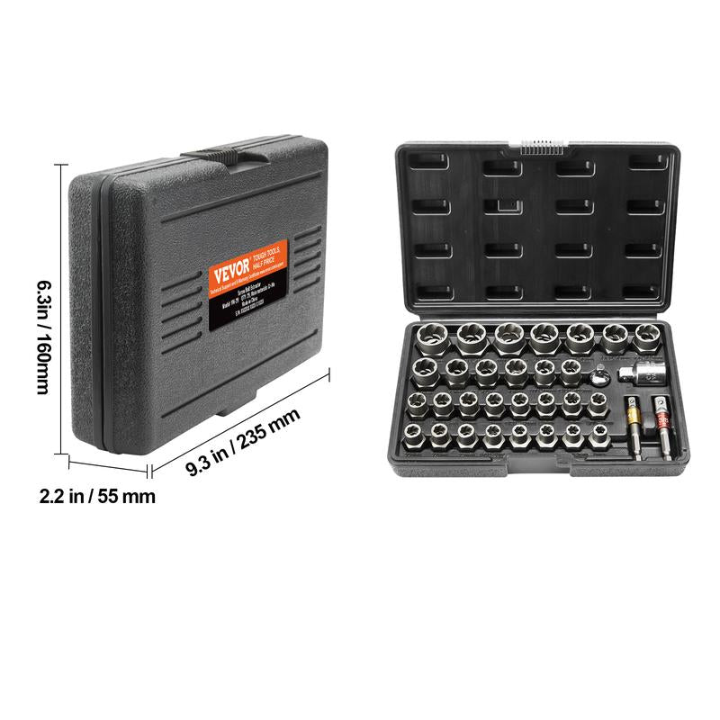 VEVOR Bolt Extractor Set, 29-Piece Bolt and Nut Remover Set, 6Mm to 10Mm, 13/32" to 3/4", CR-MO Steel Extraction Socket Set with Storage Case, for Removing Damaged Rusted Bolts, Nuts and Screws